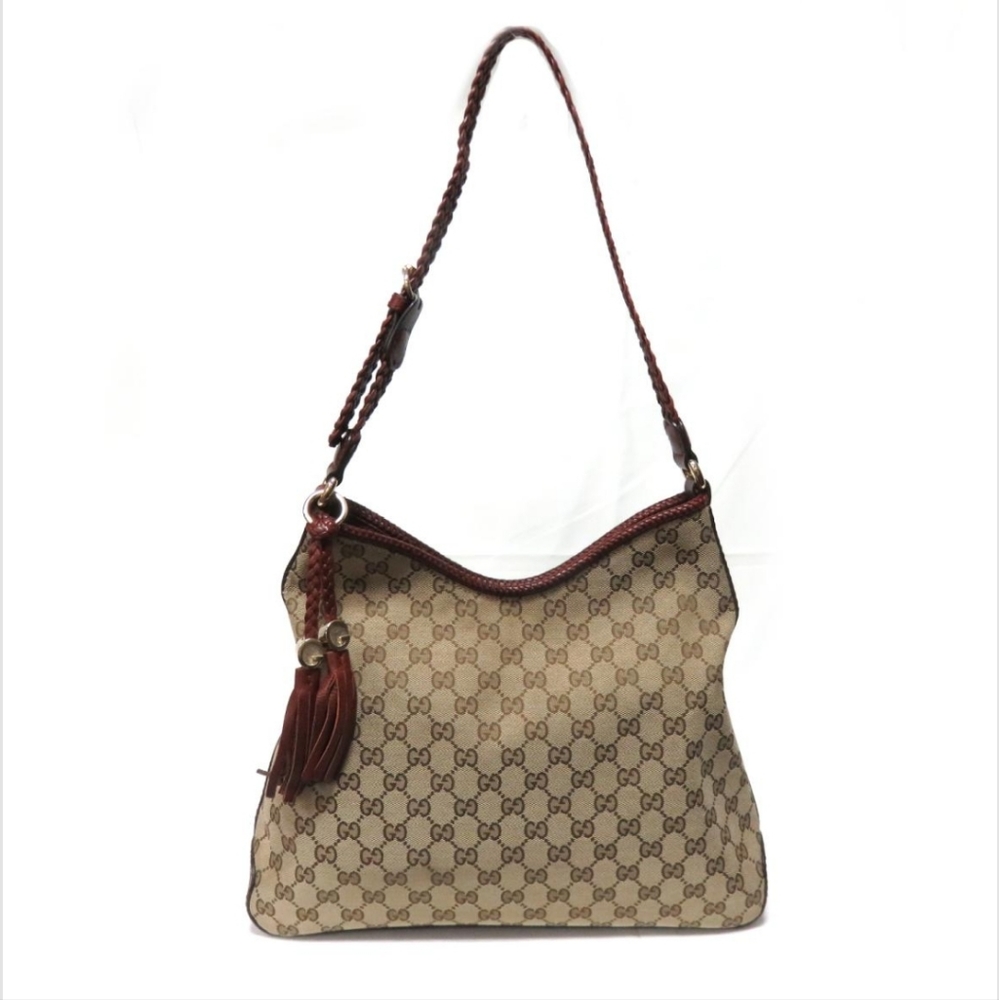 AUTHENTIC GUCCI: Canvas Brown/Burgundy Marrakech Shoulder Hobo 14Lx3.5w 12H